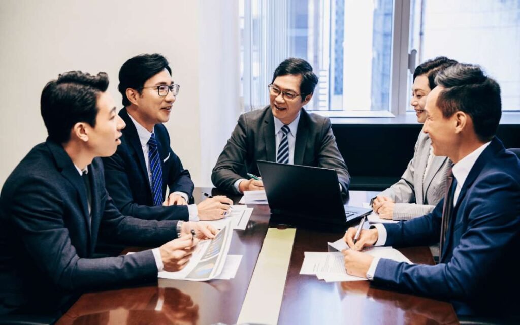 Chinese executives in leadership meeting