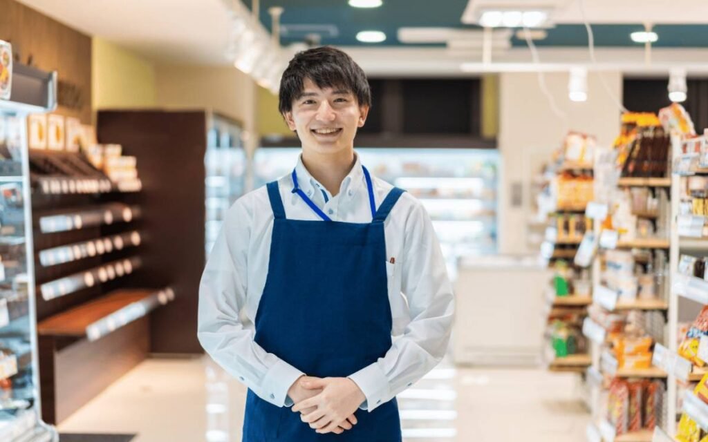 store employee in uniform standing in a supermarket aisle.